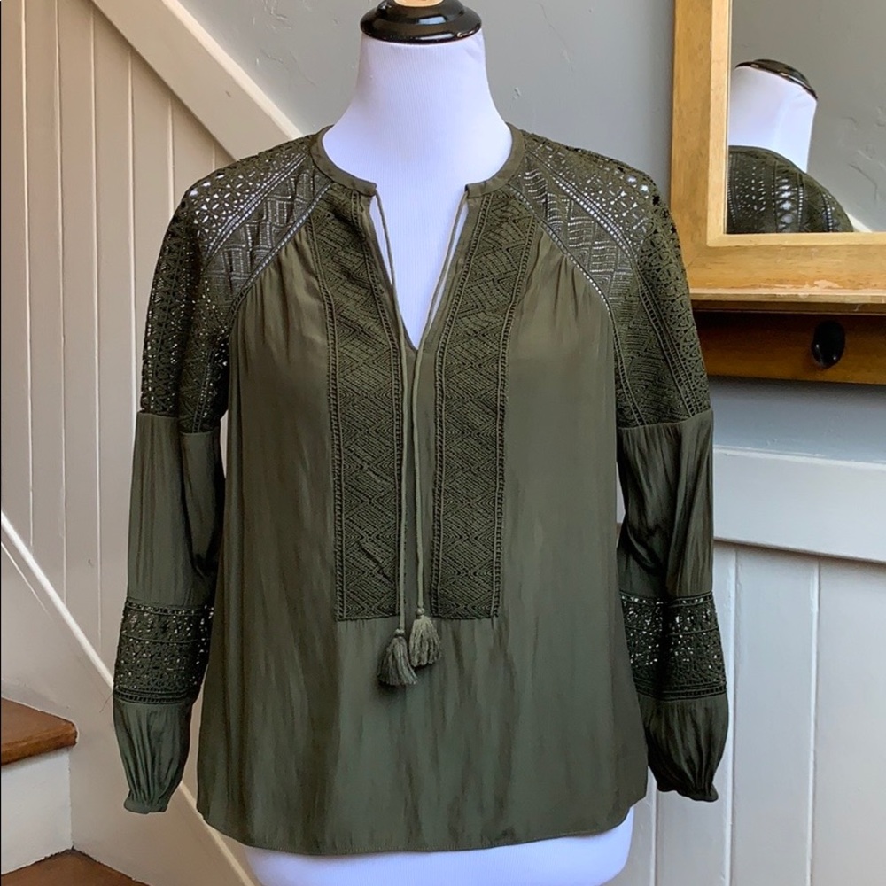 Ramy Brook Winnie Crochet-Trim Long-Sleeve Top in Olive Green